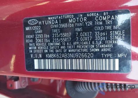 2022 Hyundai Kona Sel из США, поврежденный, VIN KM8K62AB3NU926620